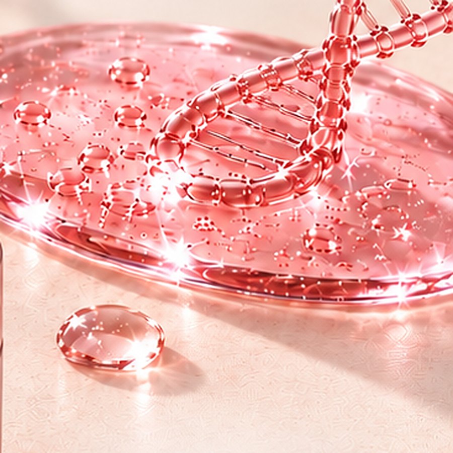 Le PDRN : une double hélice d’ADN rose dans un gel translucide, à côté du pot RÉVOÏA